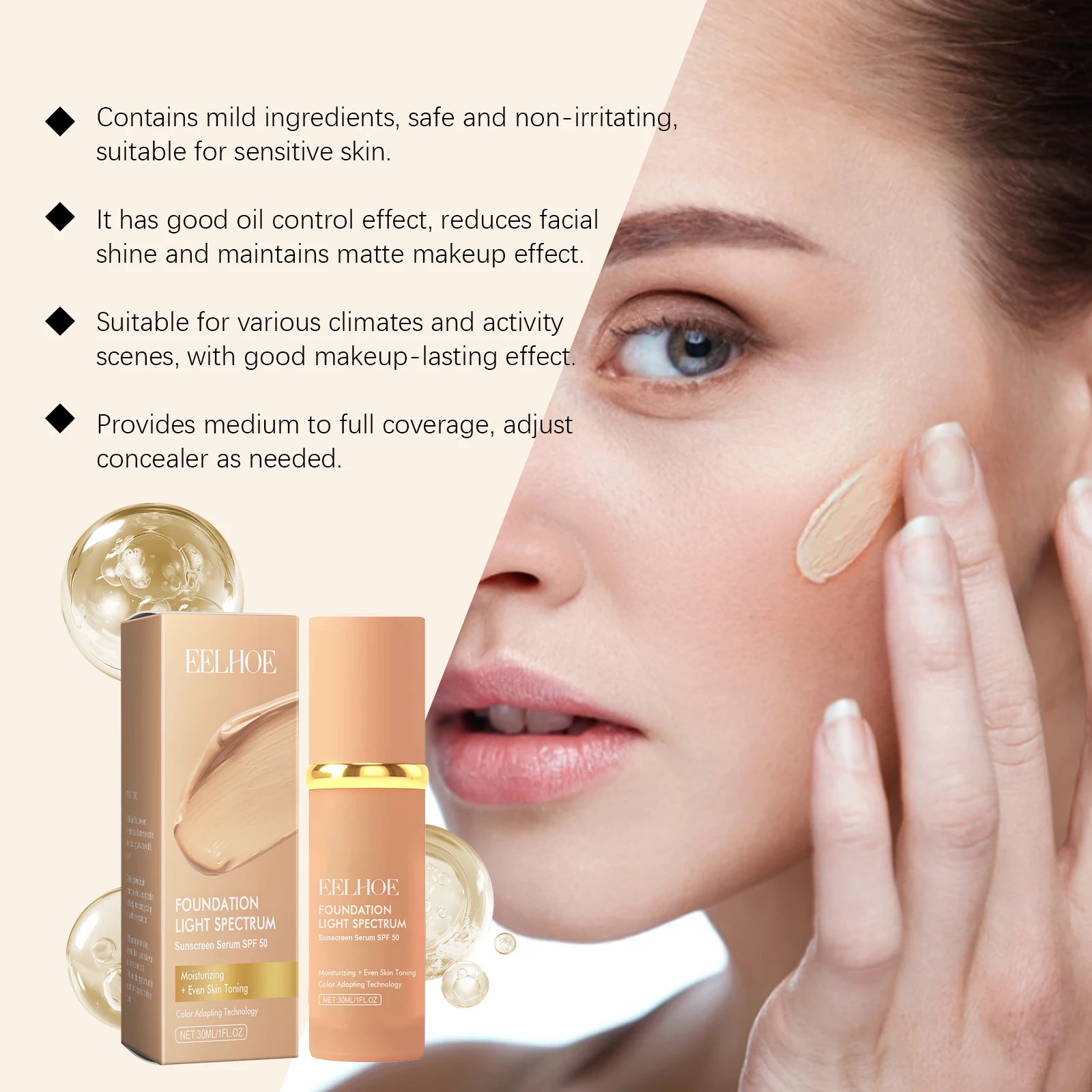 4-In-1 Liquid Foundation Spf 50+ Moisturizing Coverage Concealer Waterproof And Sweatproof Natural Makeup Not Greasy Easily New