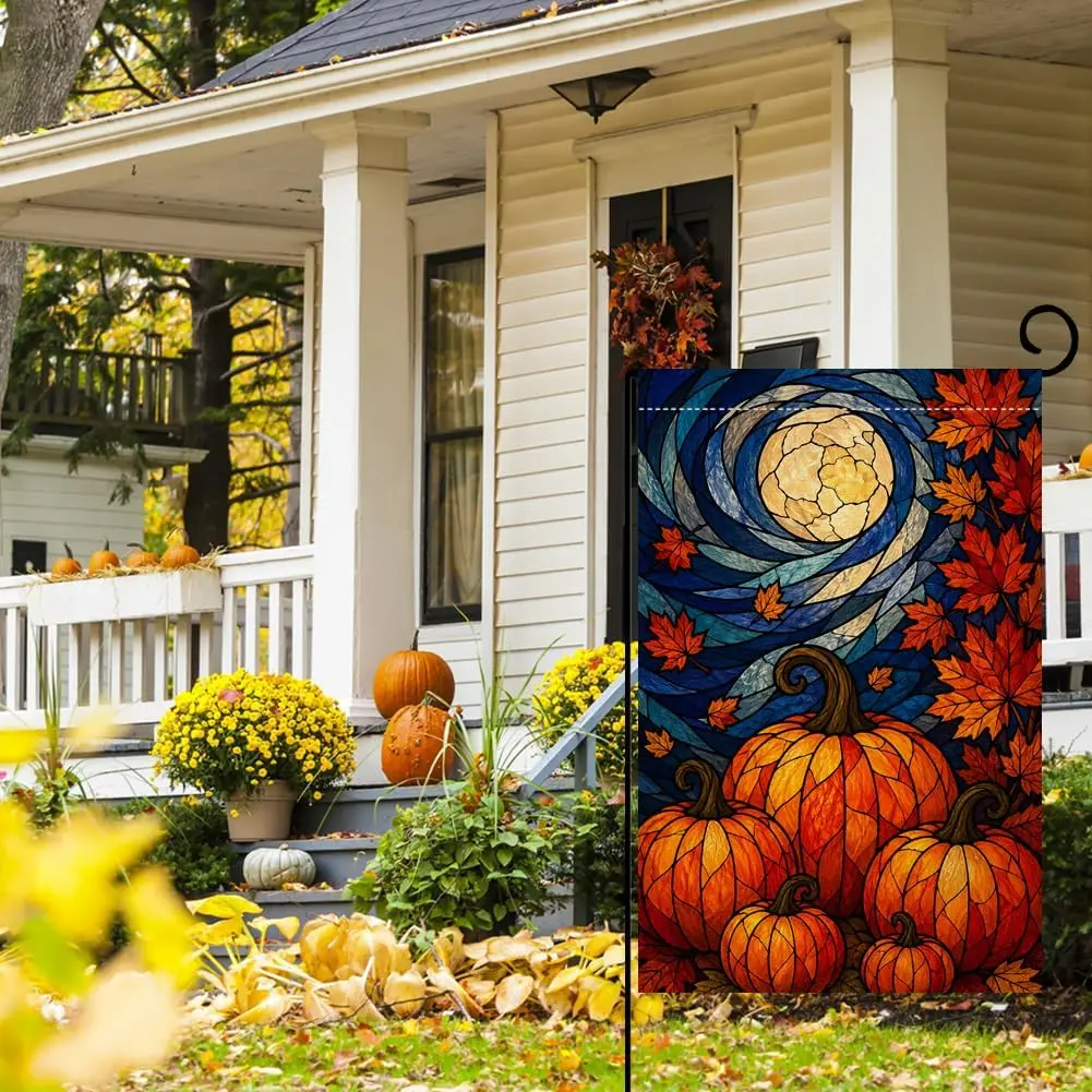 Fall Stained Glass Pumpkin Garden Flag 12x18 Harvest Moon Maple Yard Decor | Vertical double sided burlap, weather and fade  llp