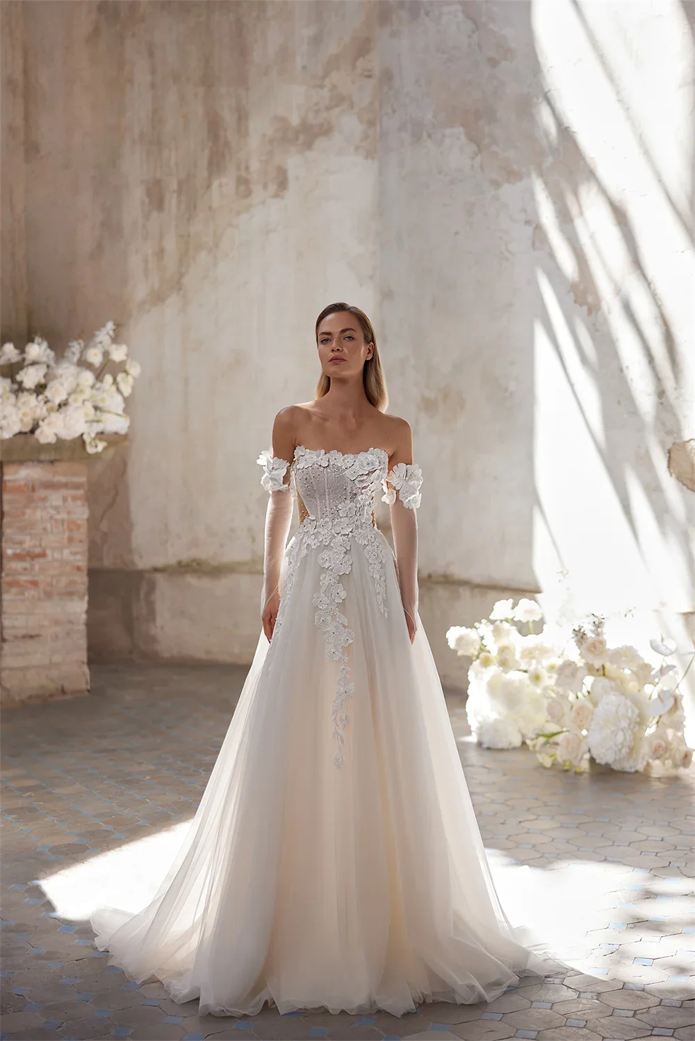 

Customizd Detachable Long Sleeves Lace Applique A Line Wedding Dresses Bridal Vestido De Noival