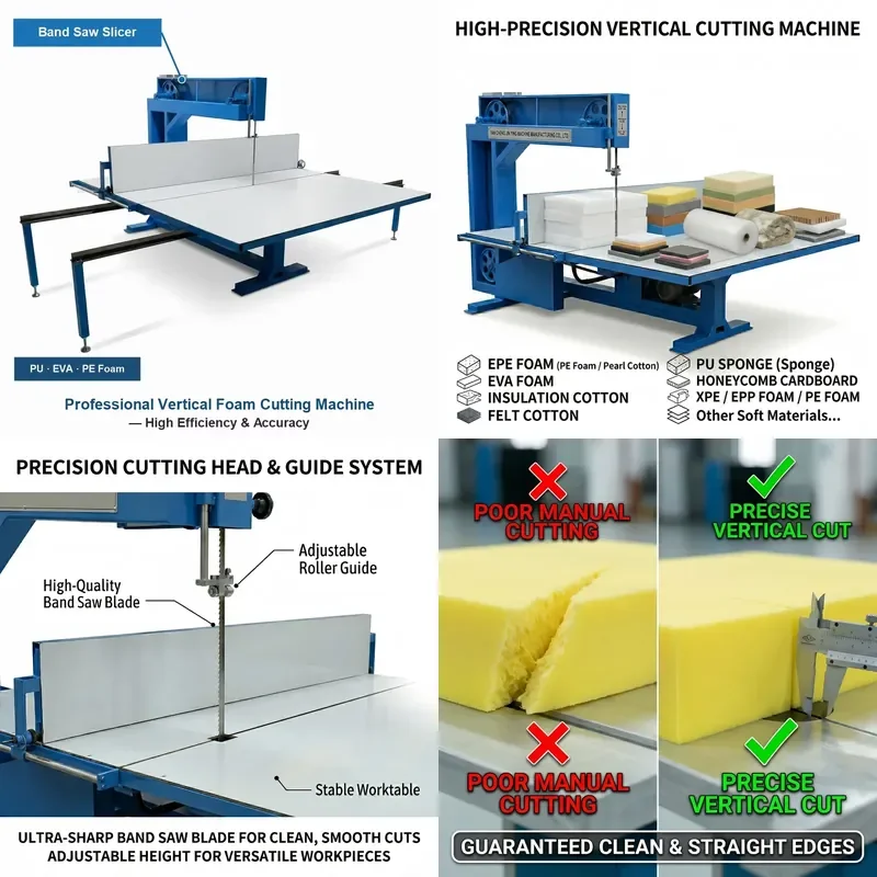 EPE foam cutter, vertical band saw sponge cutter for foam blocks, adjustable cutting speed for packaging materials