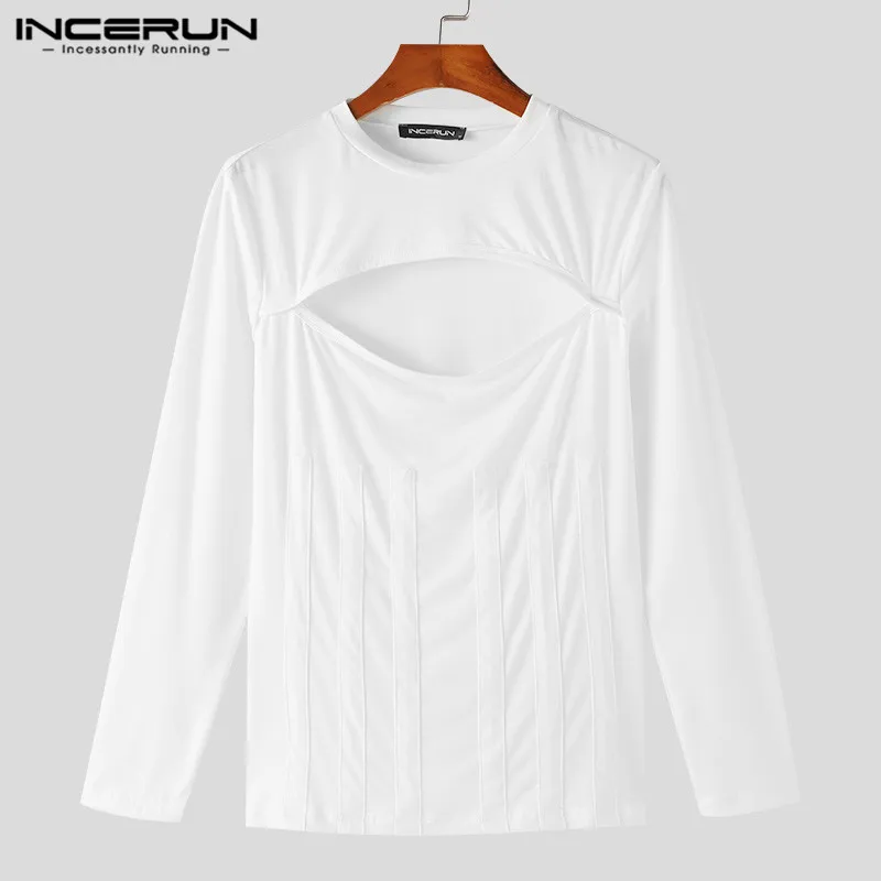 Handsome New Mens Tops INCERUN Deconstruction Design T-shirts Casual Solid Hollow Knitted Tight Long Sleeves Camiseta S-5XL 2024