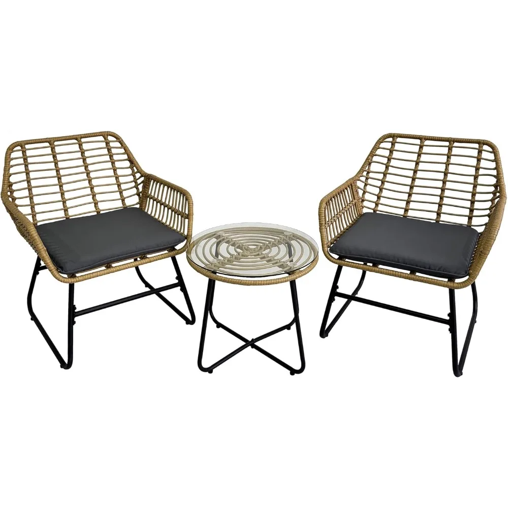 

3-Piece Rattan Patio Bistro Set, Indoor/Outdoor Wicker Furniture, 1 Table and 2 Chairs with Washable Grey Cushions for Porch, Ga