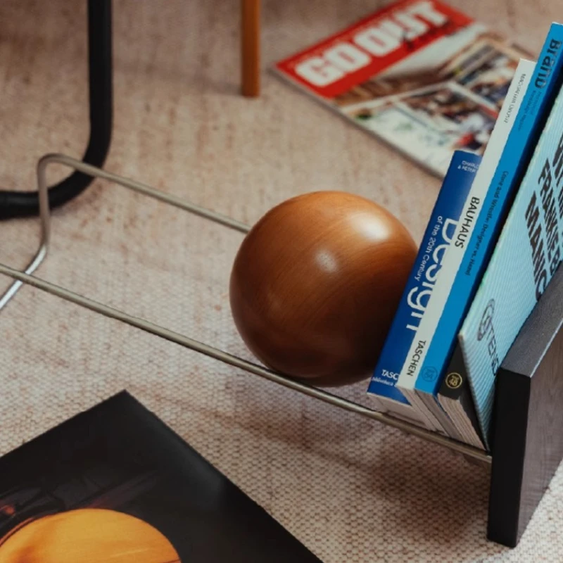 Bauhaus Style Magazine Rack with Wooden Ball Modern Vinyl Record Shelf Stainless Steel Round Ball