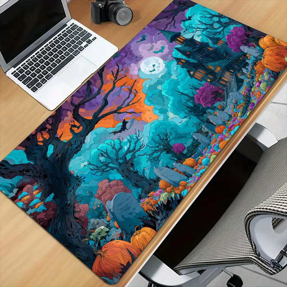 Pumpkin Graveyard Castle Mouse Pad Desk Mat with Stitched Edge XXL Mousepads Rubber Anti-slip Gamer Keyboard Rug Gaming Mats