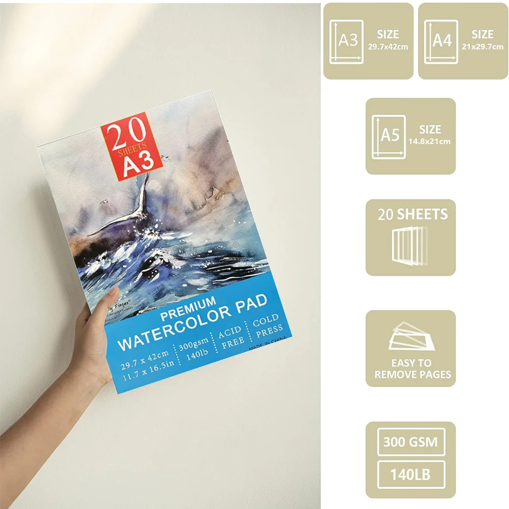 وسادة ورق ألوان مائية A5/A4/A3، 140 رطل/300 جرامًا للمتر المربع، 20 ورقة، مضغوطة على البارد، خالية من الأحماض، ورق رسم فني للرسم بالألوان المائية #2