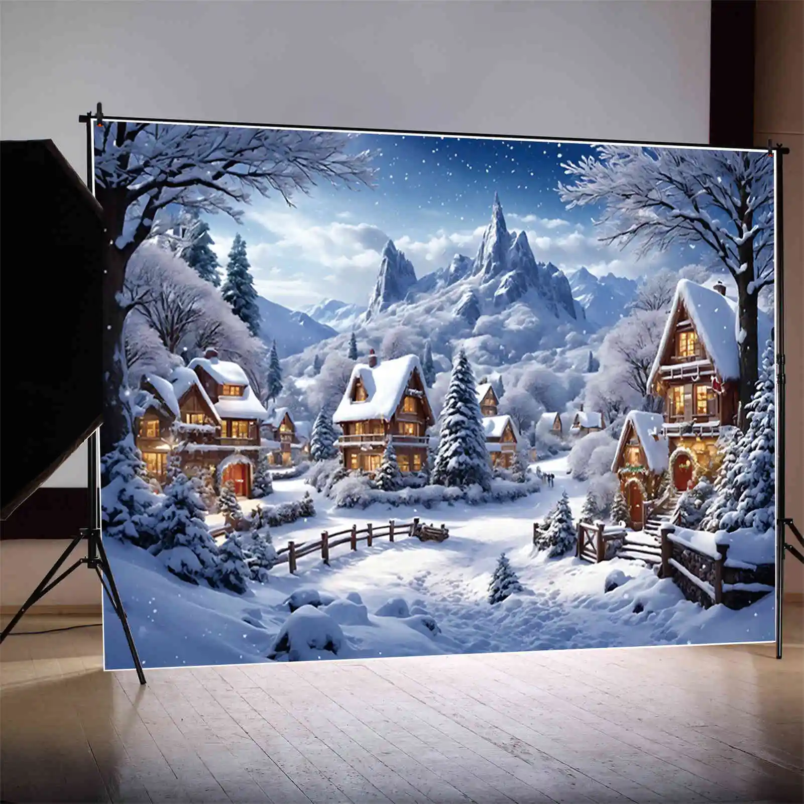 Sfondo fotografico di Natale Villaggio di Natale Palline di albero Regali Sfondo 2025 Capodanno Inverno Casa Photo Studio Back Drop