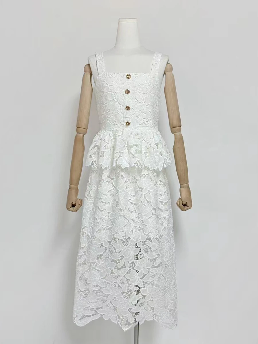 VGH เย็บปักถักร้อย Office Lady Midi ชุดเดรสผู้หญิงสแควร์คอแขนกุดเอวสูง Spliced Ruffles ชุดสายหญิง