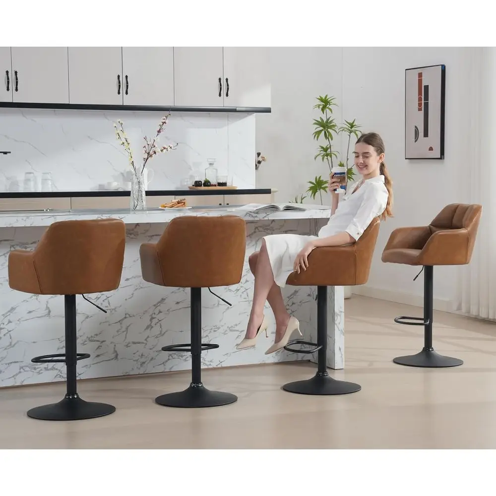 Swivel Bar Stools Set of 2 Leather Counter Height Barstools with Back and Arms Adjustable Bar Stool Chairs with Metal Base for K - view 4