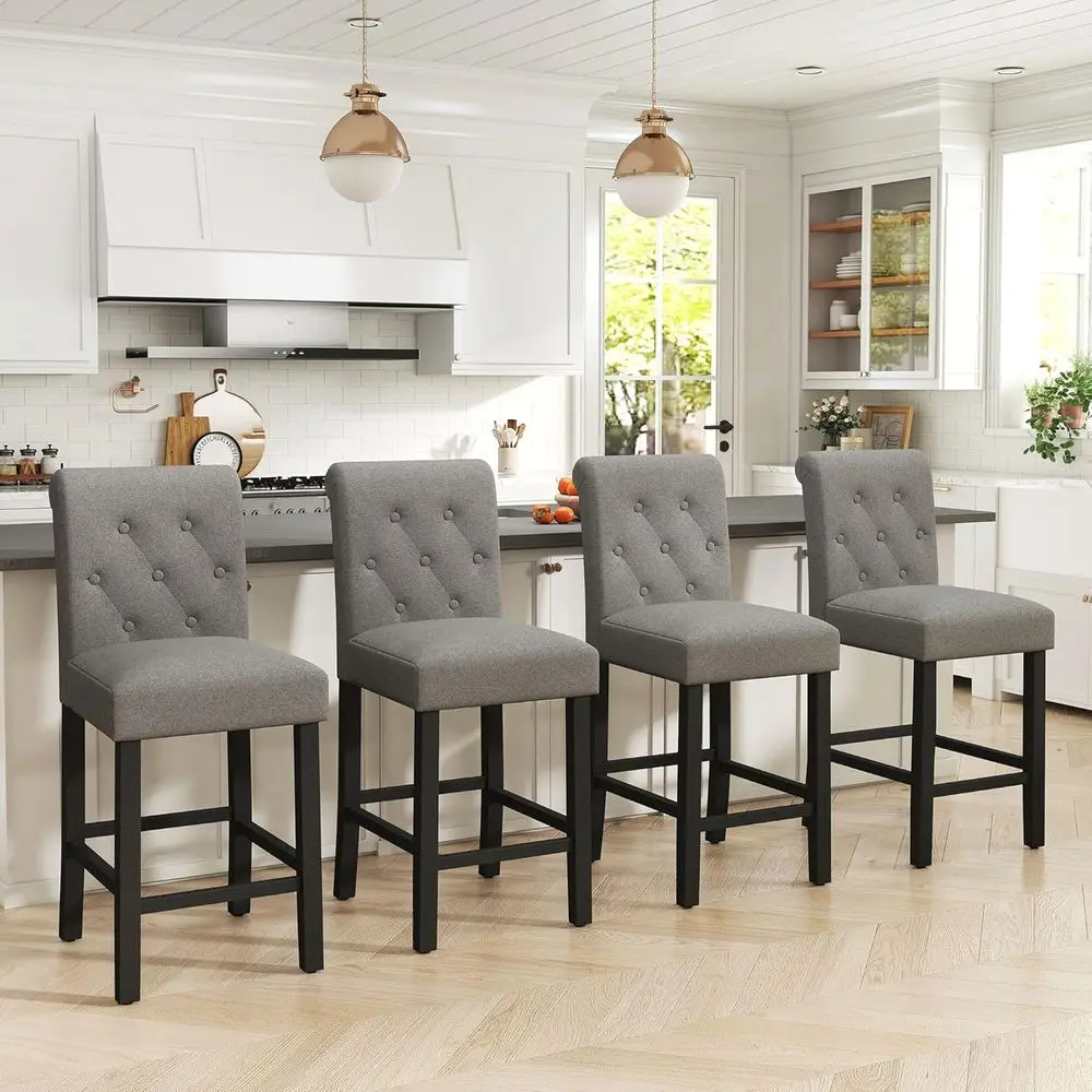 Set of 4, 24 Counter Height Bar Stools, Upholstered Fabric Padded, Grey Button-Tufted Backrest, Solid Wood Legs
