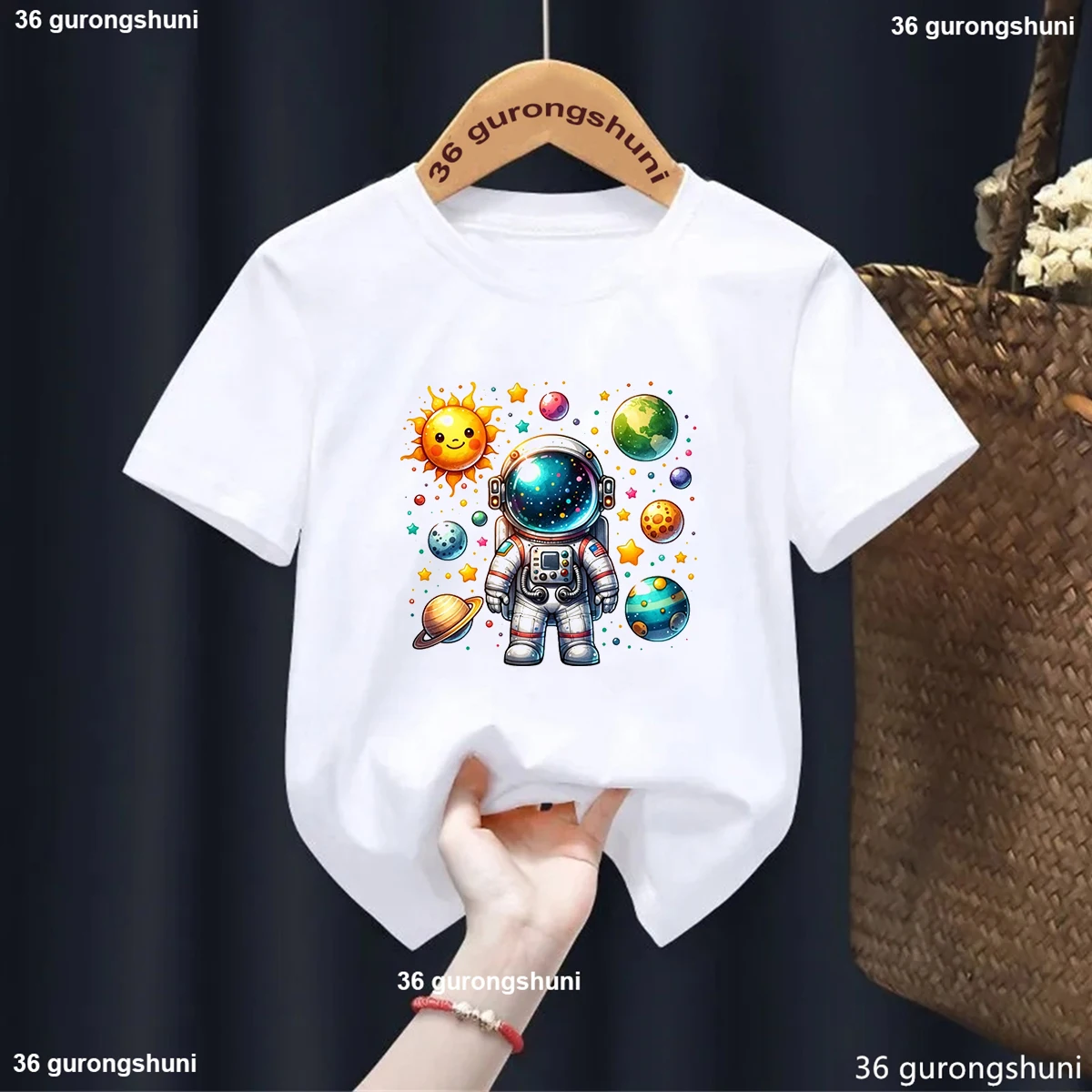 

2025 Newly Solar System Astronauts Graphic Print Toddler Boys/Girls Tshirt Harajuku White Fashion Childerns Short Sleeved Tops