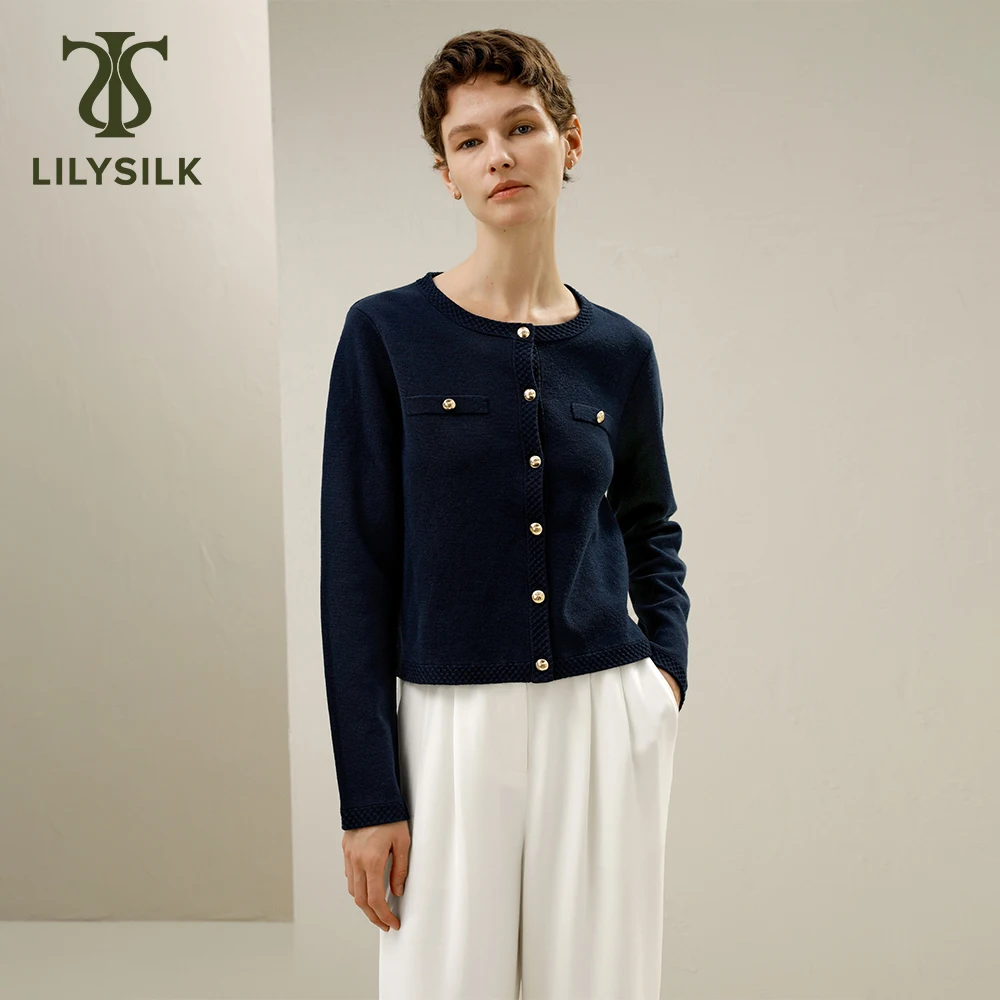 LILYSILK Merino Wool Jacket for Women 2024 Spring New Buttoned Round Neck Elegant Outer Small Fragrant Coat Free Shipping