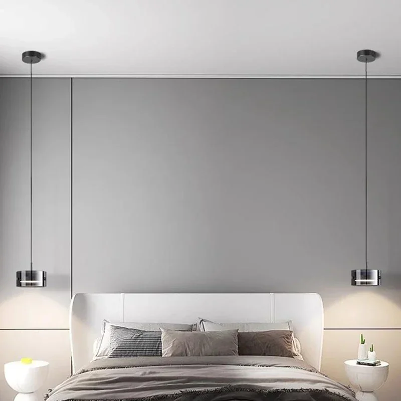 

Bedside Luxury Pendant Light Round Glass Lampshade Smoke Gray Color Restaurant Chandelier LED Bedroom Decoration Hanging Lustres