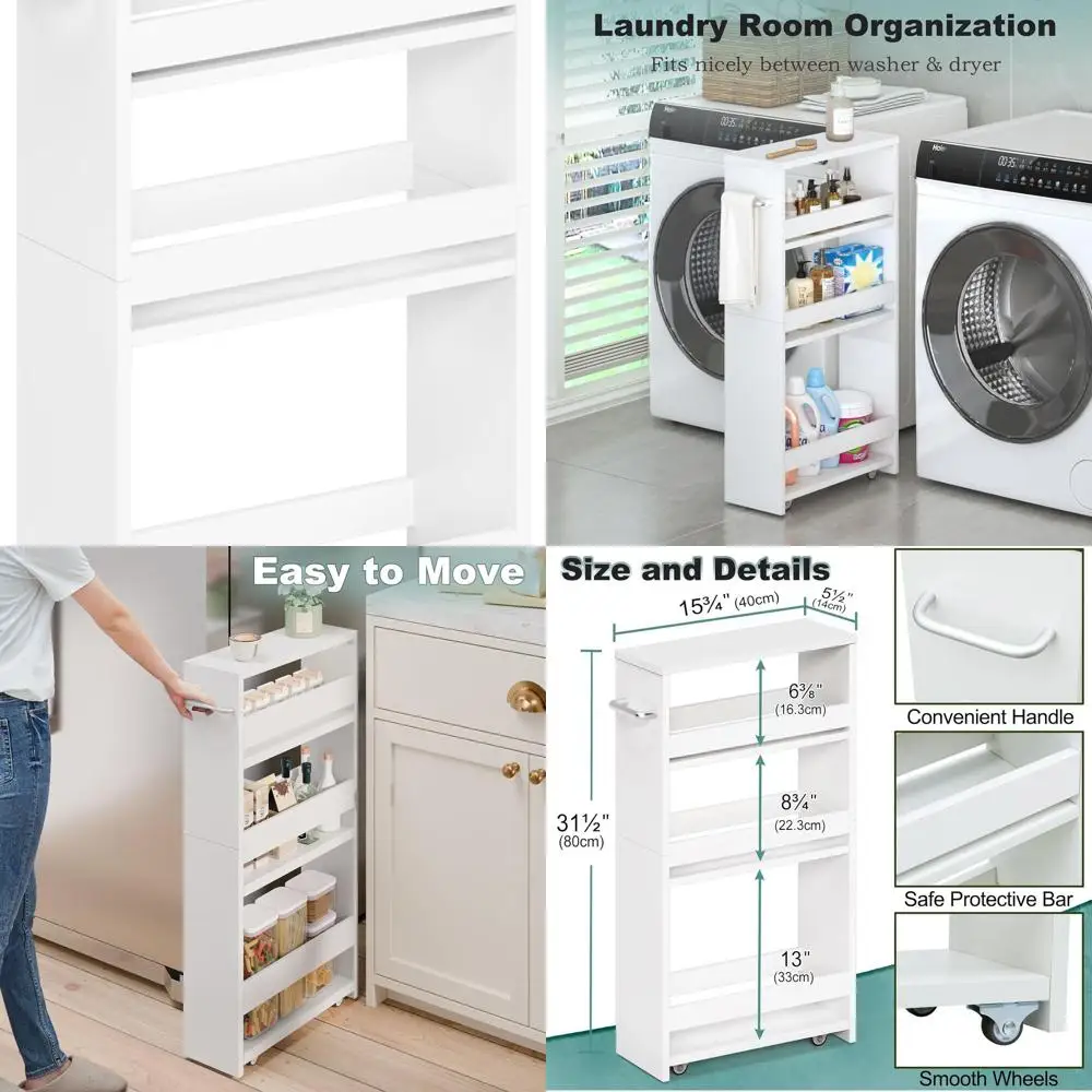 

4-Tier Rolling Utility Cart with Slide-Out Shelves, Slim Design for Kitchen, Laundry, and Bathroom Storage