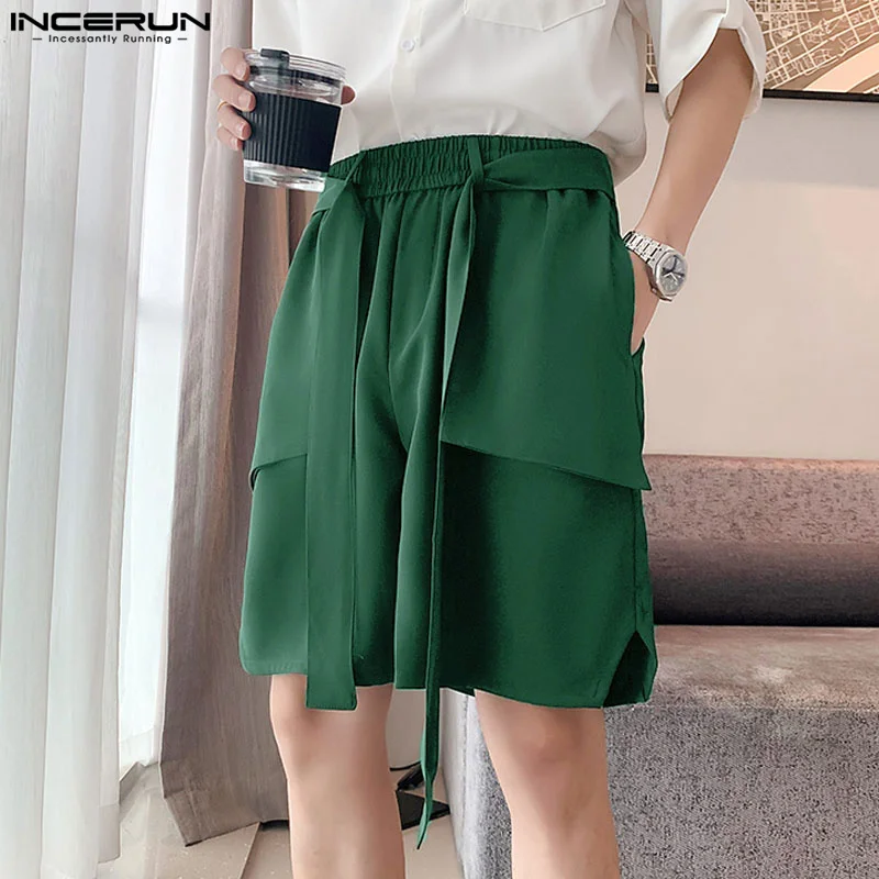 INCERUN 2024 Korean Style Shorts New Men\'s Ribbon Design Straight Leg Shorts Casual Streetwear Male Wide Leg Cargo Shorts S-5XL