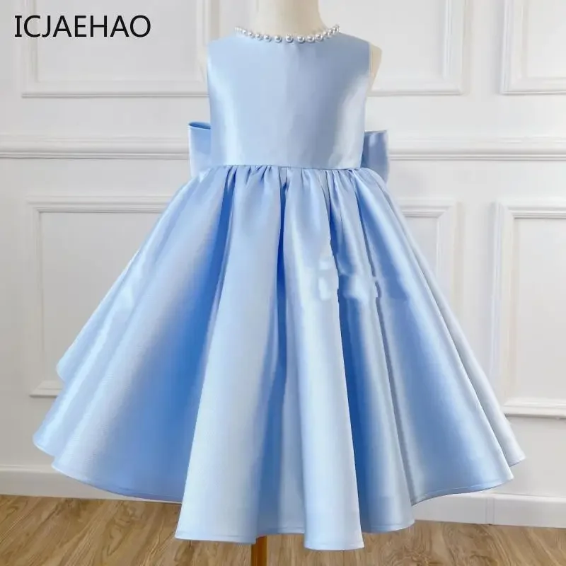 2025 Baby Girl Dress Sleeveless Satin Beading Simple Solid Color Children Princess Kid Noble Clothing Birthday Gift