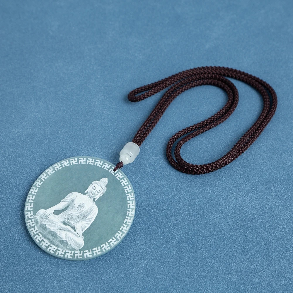 

TIMESWIND Natural A-type Jade Blue Shadow Carved Buddha Statue Round Pendant Men Necklace with Certificate