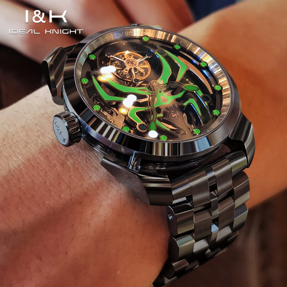 ساعة IDEAL KNIGHT NO:6802 Real Tourbillon للرجال هيكل عظمي عنكبوت مضيء من الفولاذ الأسود ساعة يد ميكانيكية أوتوماتيكية
