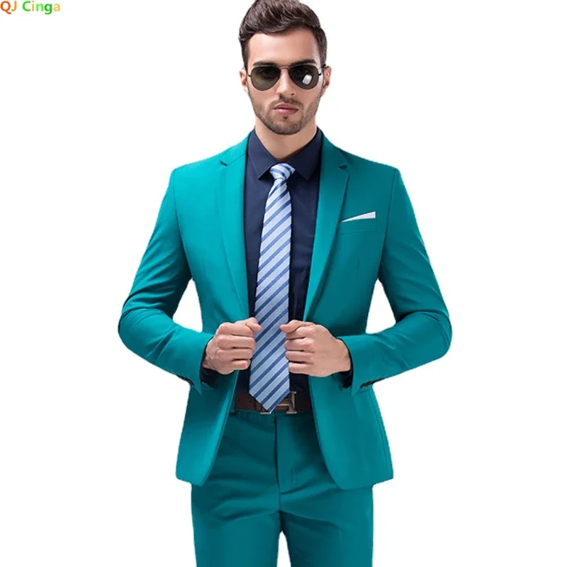 Slim Men's Suit 2 Piece Set (Jacket + Pants) Wedding Party Men Blazer Coat with Trousers, Blue White Black Gray Purple