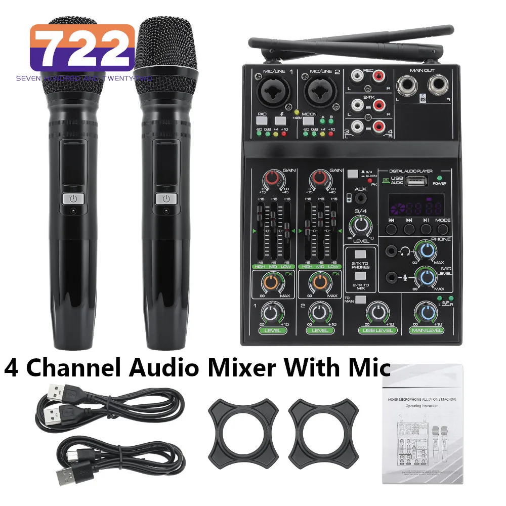 

Professional 4 Channel Audio Mixer With 2 UHF Wireless Microphones Studio Sound Mixers Bluetooth-compatible DJ Console Mixing
