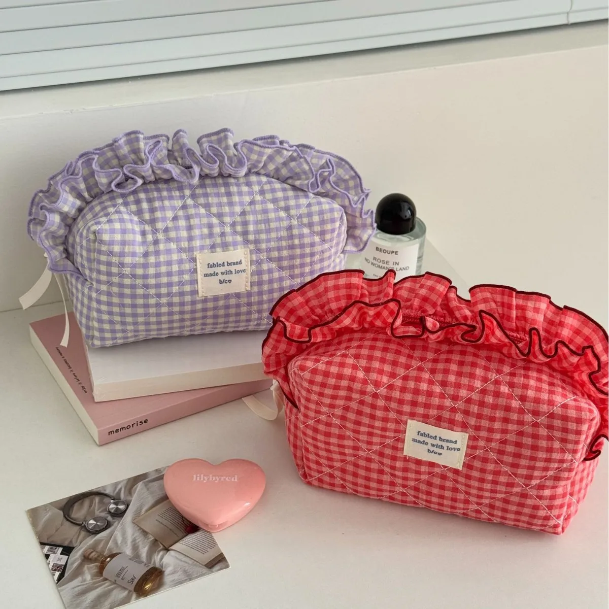 Sweet Lace Women's Quilted Cosmetic Bag Contrast Color Plaid Ladies Small Storage Bags Pouch Purse Female Makeup Case Handbags