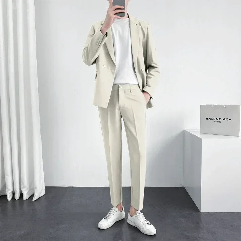 Solid Color Casual Men's Suit Wedding Korean Fashion Single Button Blazer Formal Suit Jackets Suit Pant Two Piece Set