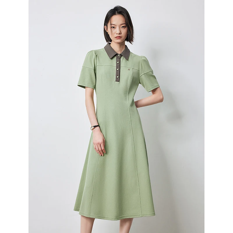 TOYOUTH Women Dress 2024 Summer New Contrasting POLO Collar Slim Waist Ankle Length Midi Long Dress