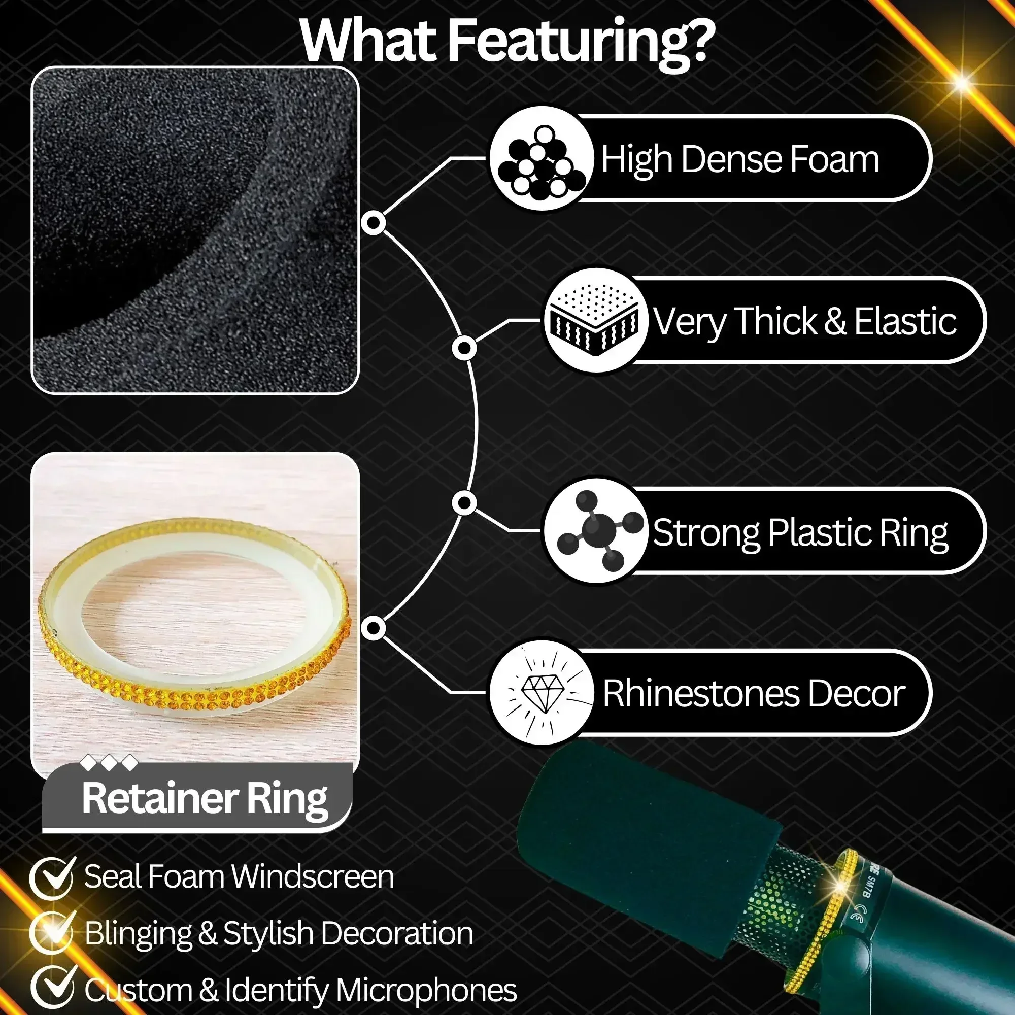 Custom Pop Filter Foam for Shure SM7B/SM7dB Replacement Windscreen, High Density with Bling Rhinestone Ring,Gold, Pink,Red,Blue
