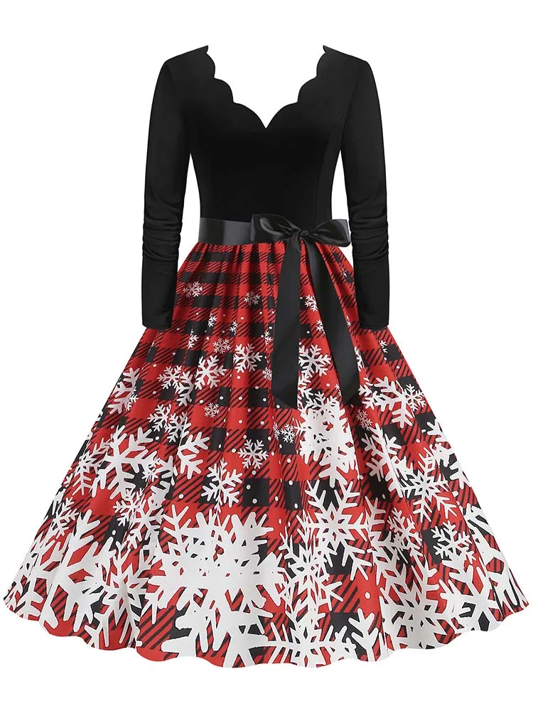 Vintage Kerst Swing Print Jurk voor Vrouwen Lange Mouw V-hals Casual Herfst Winter Sexy Nieuwjaar Feestkleding S ~ 3XL