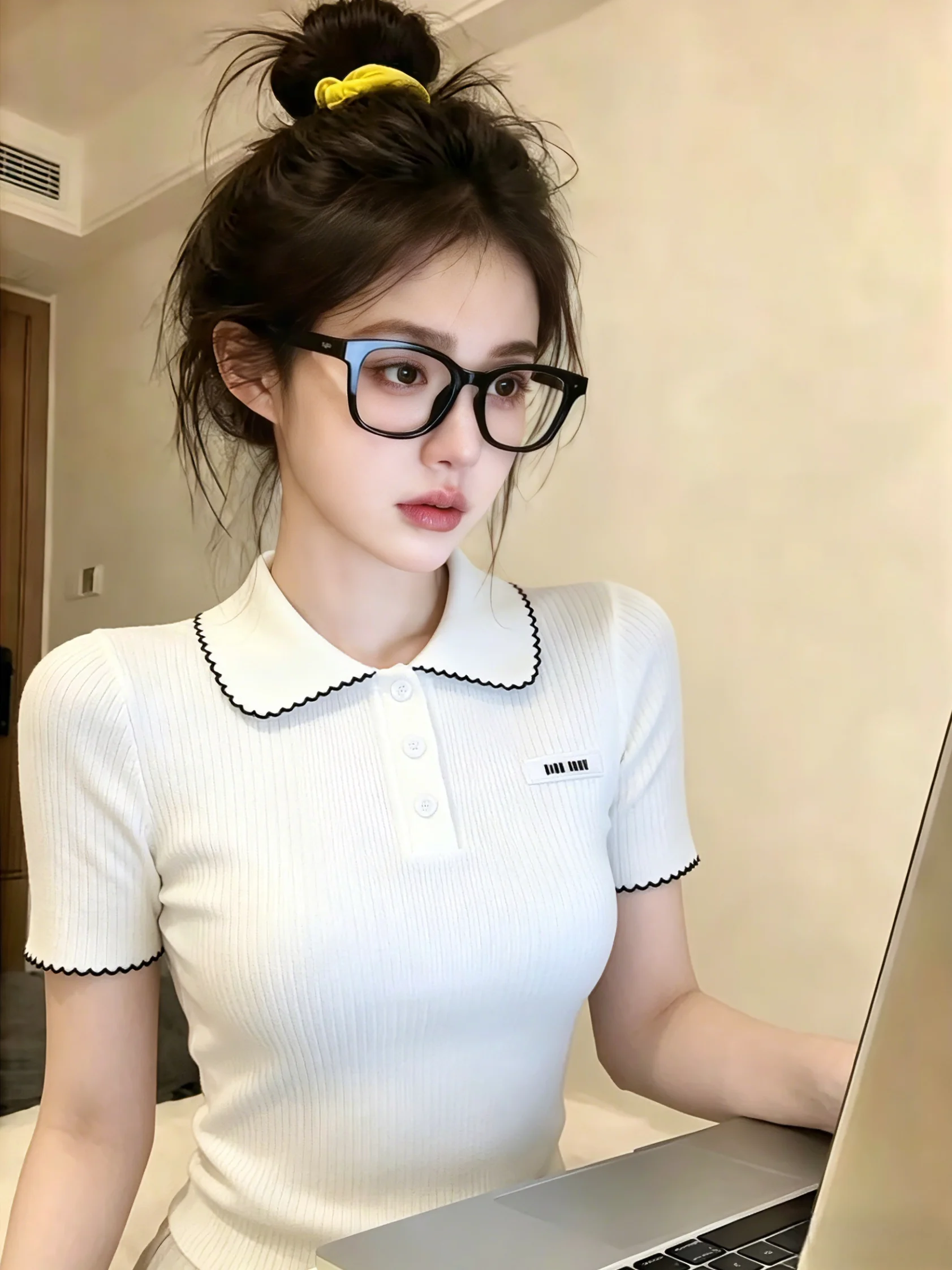 

Summer New Style Women's Knitted Short Sleeve Collar Lace Trim Self-Kept Color Block Top Korean Version Slimming Effect