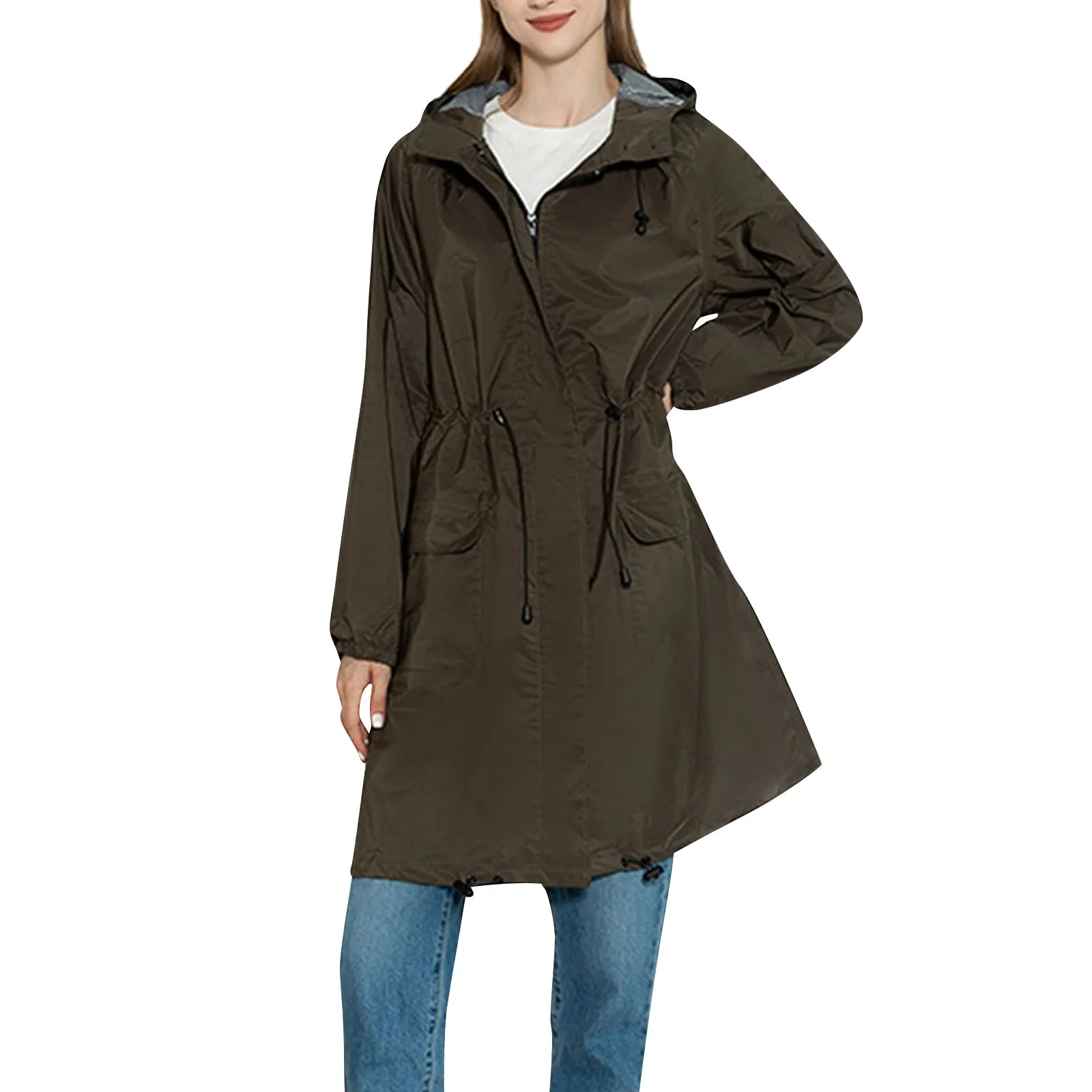 Women Hooded Waterproof Zipper Mid-length Windproof Waterproof Raincoat Jacket