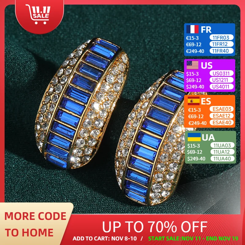 

Vintage Blue Zircon Earring Luxury Stud Gold Color Rhinestone Quality Designer Jewelry For Woman Accessories Wedding Party