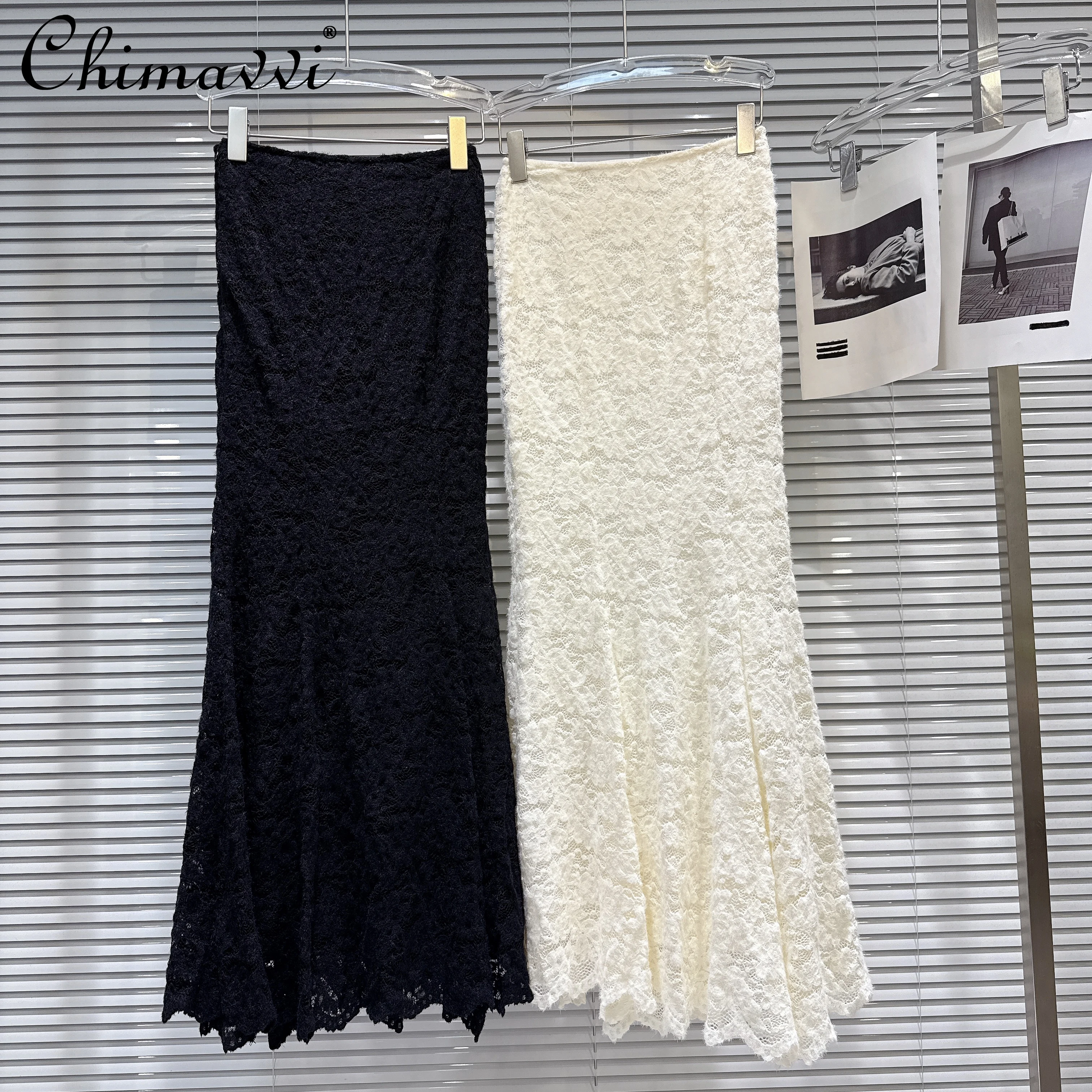 

French Elegant Socialite Lace Crochet Long Skirt High Waist Slim Fit Versatile White Temperament Fishtail Skirt for Women Autumn