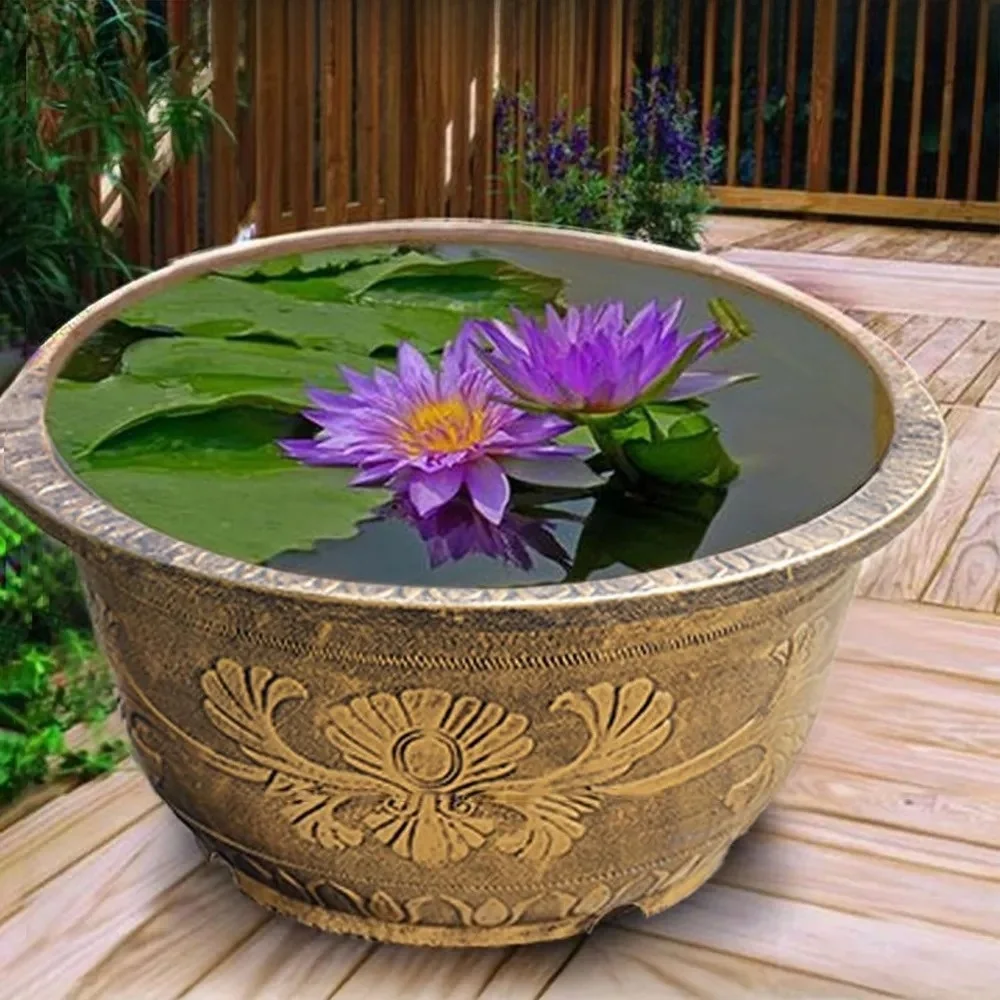 Resin Lotus Planter Pot 7.5L Capacity Large Water Reservoir Planter 19cm Height Copper Bronze Retro Flower Pot Outdoor Use