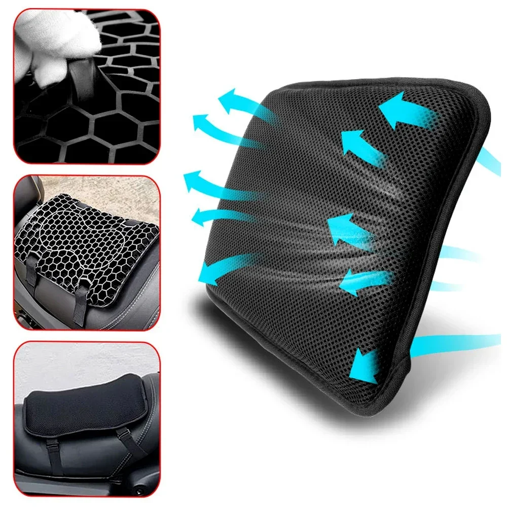 Coussin de siège de moto passager pliable, gel à haute élasticité, accent d'abeille 3D, absorption des chocs respirante, housse de siège longue conduite