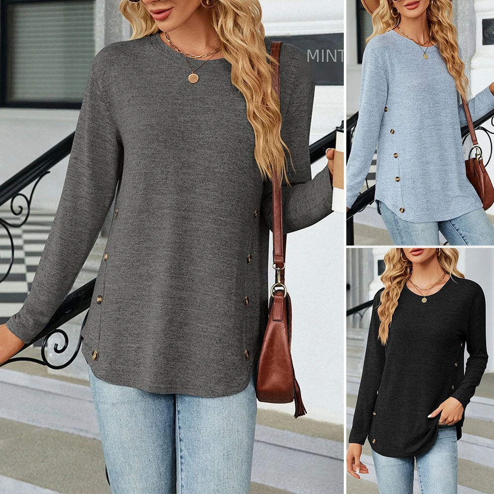 

UNIKTEE женский свитер с круглым вырезом и длинными рукавами, простой однотонный повседневный офисный свитер на пуговицах, осень-зима, повседневный вид