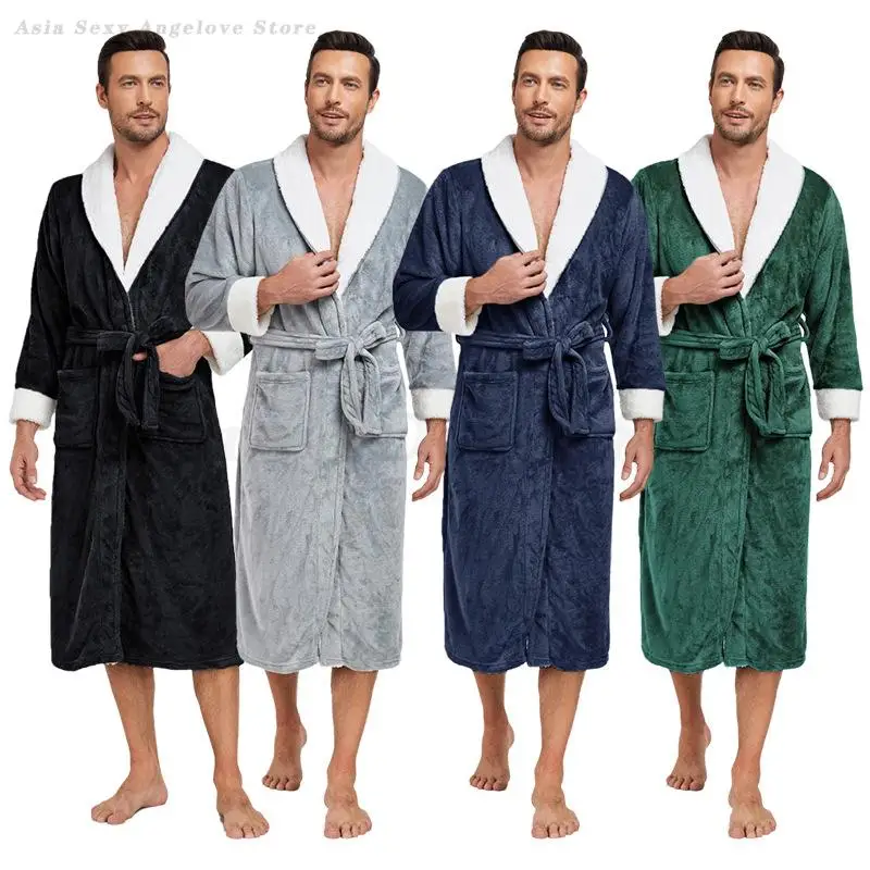 

Men's Thick Robe Warm Flannel Bathrobe Kimono Gown Flip Collar Nightwear Winter Autumn Sleepwear Loose Loungewear Warm Home Wear