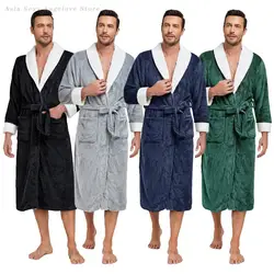 Men's Thick Robe Warm Flannel Bathrobe Kimono Gown Flip Collar Nightwear Winter Autumn Sleepwear Loose Loungewear Warm Home Wear