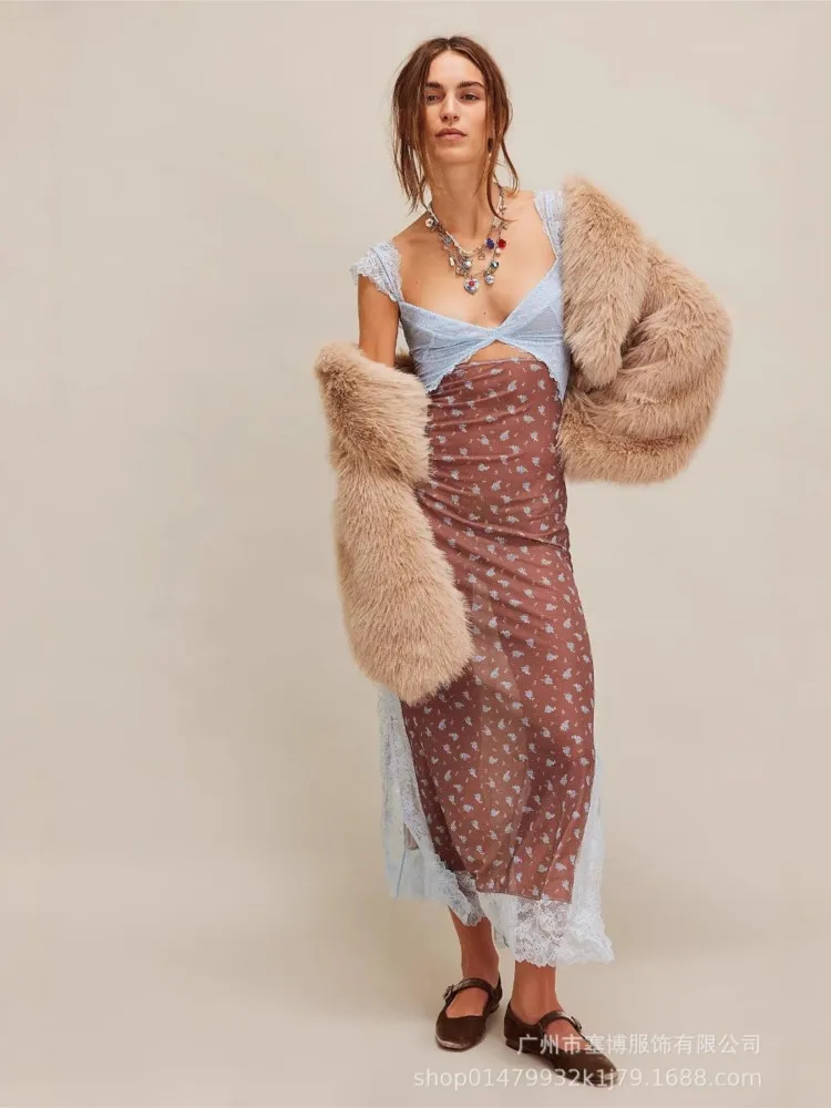 Sexy Lace Patchwork Slim Dresses Women Summer New Print Low Cut V-neck Hollow Out Tight Slit Dress Fashion Hot Style Vestidos