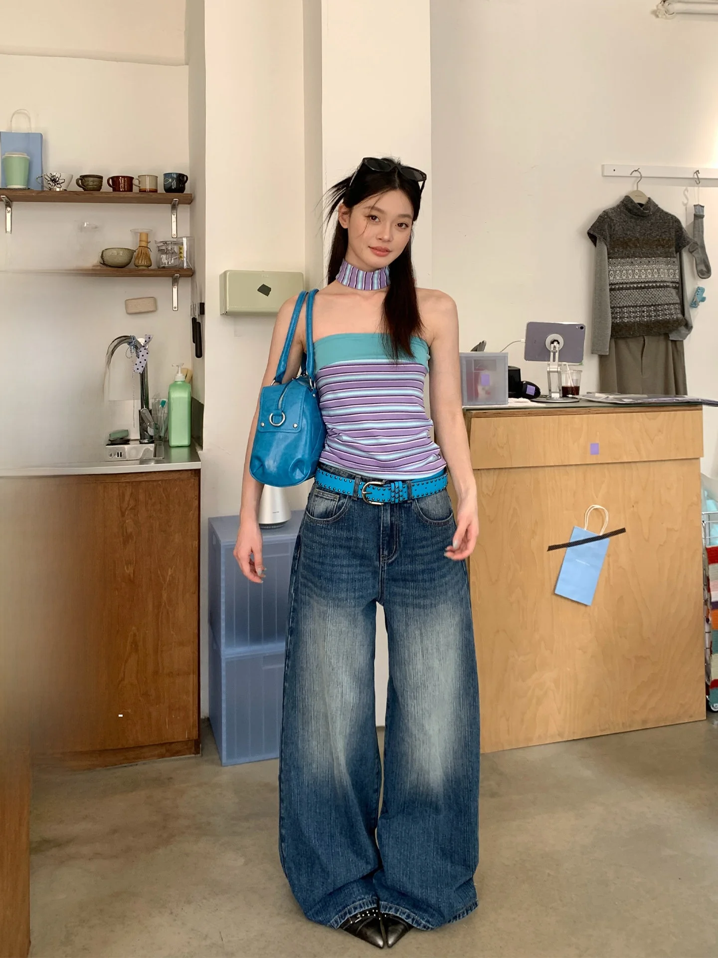 

High Waist Straight Leg Blue Washed Denim Jeans Women's Summer New Loose Simple Floor-Length Wide Leg Pants Casual Commute Style