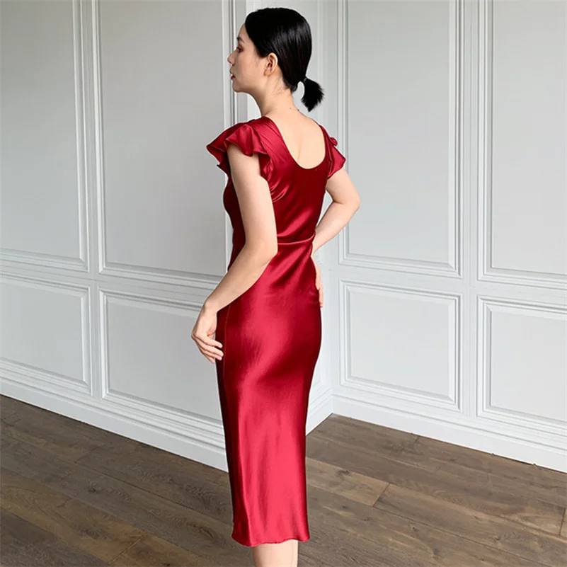 England Style Vintage Elegant Women's Summer Long Dress Flying Sleeves V-Neck Slim Fit Party Dress Fashion Satin Vestidos