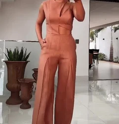 Summer Jumpsuit 2024 for Women Casual Style Fashion Round Neck High Waisted Solid Color Hollow Out High Waist Wide Leg Jumpsuit