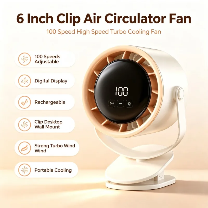 6 Inch Clip Air Circulator Fan 100 Speed High Speed Turbo Rechargeable Small Fan Desktop Wall Mount Portable Cooling Fan