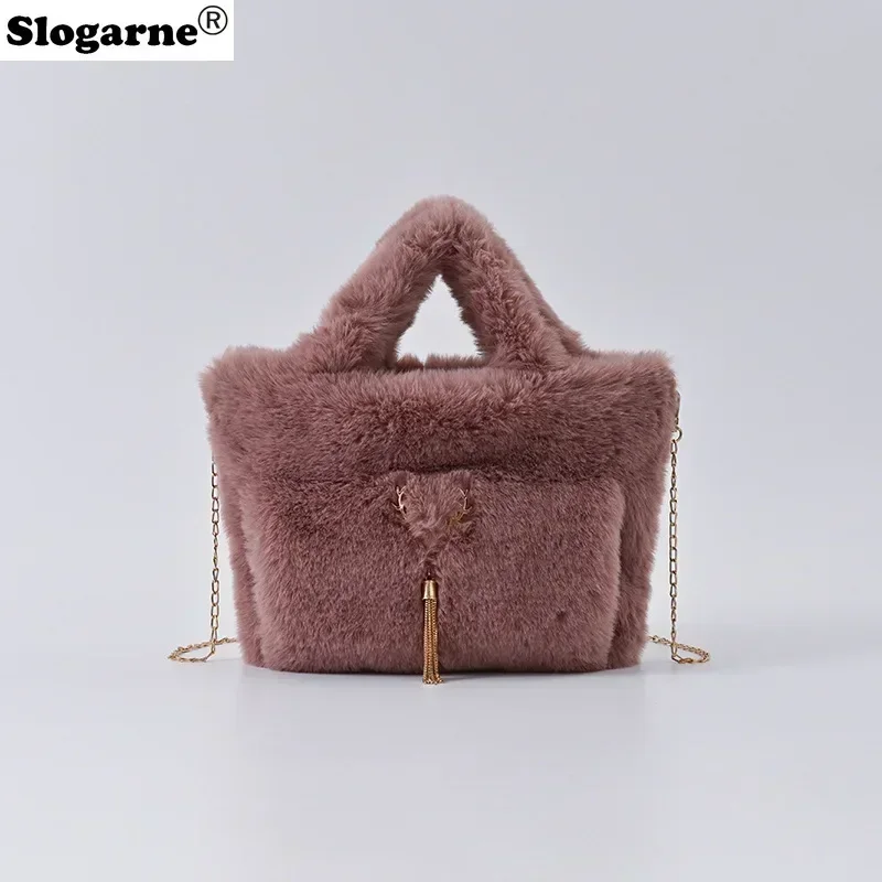 New Women\'s Faux Rabbit Fur Handbag Plush Shoulder Bag Girls Casual Crossbody Bag Fashion Large Capacity Bag Furry Handle Bags