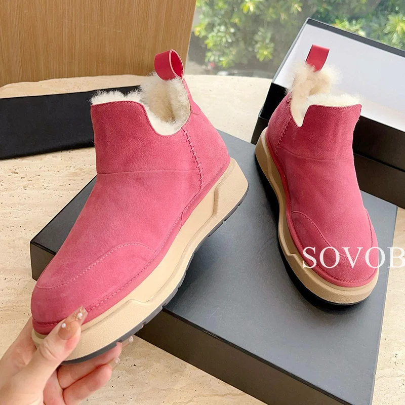 New Winter Anti Slip Warm Flat Heel Thick Soled Short Boots Women's Solid Color Versatile Retro Round Toe Snow Boots Ankle Boots