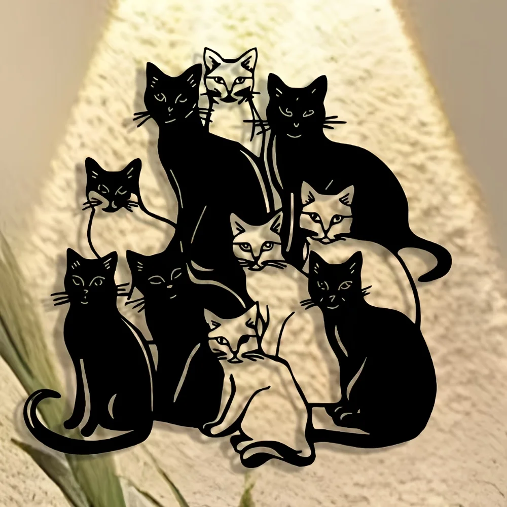 1 Stück elegante Metall-Wandkunst mit Gruppenkatze – abstraktes Halloween- und Weihnachtsdesign, Eisenhandwerk für Zuhause, Büro, perfekt für Raumdekoration
