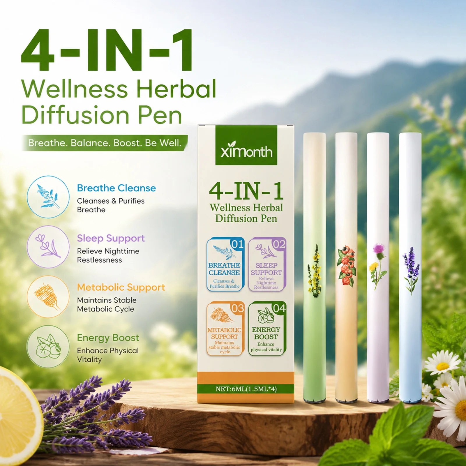 Skincare Herbal - 4-in-1 ハーバルエッセンスディフューザーペンセット 天然ハーブアロマセラピーペン クリアな呼吸 睡眠サポート エネルギーブースト