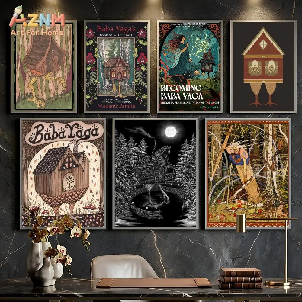 AZNM Baba Yaga Chicken Leg House Canvas Wall Art Slavic Witch Folk Tale Vintage Illustration Print Unframed Canvas For Dark Acad