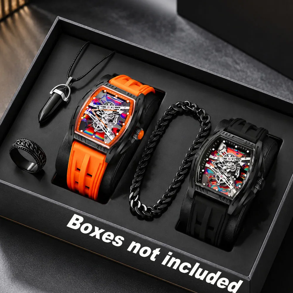 5-Piece Men's Watch Set, Silicone Strap, Barrel-Shaped Case, Quartz Movement, Men's Wristwatch, Gift for Men