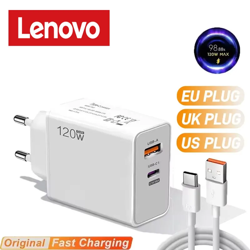 Carregador Original Lenovo 120w Turbo Fast Charge EU US UK Adaptador de Parede Hypercharge USB 6A Cabo Tipo C Universal Para Xiaomi iPhone