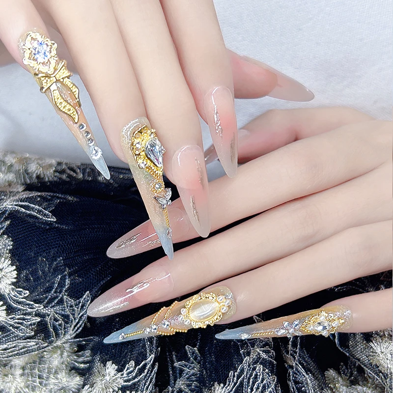 14 pièces (4 longs + 10 courts) ensemble d'ongles Littini en diamant 3D de luxe fait à la main brillant pour les Occasions (mieux que) Kits populaires